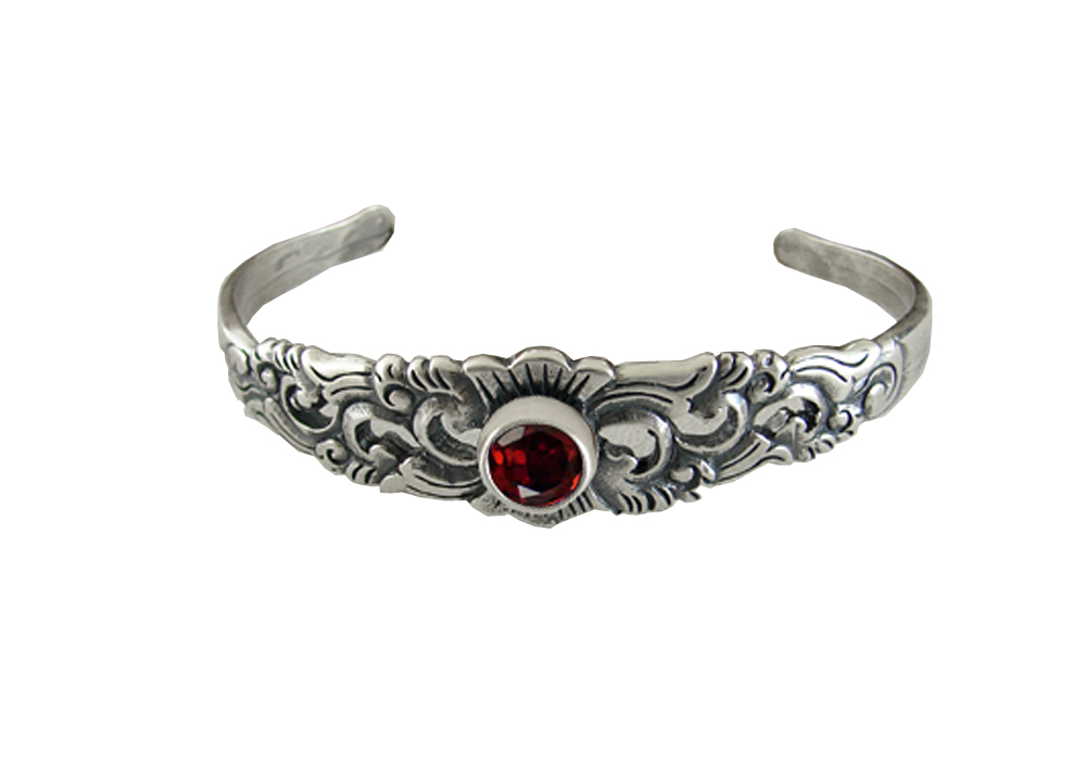 Sterling Silver Engraved Cuff Bracelet With Garnet